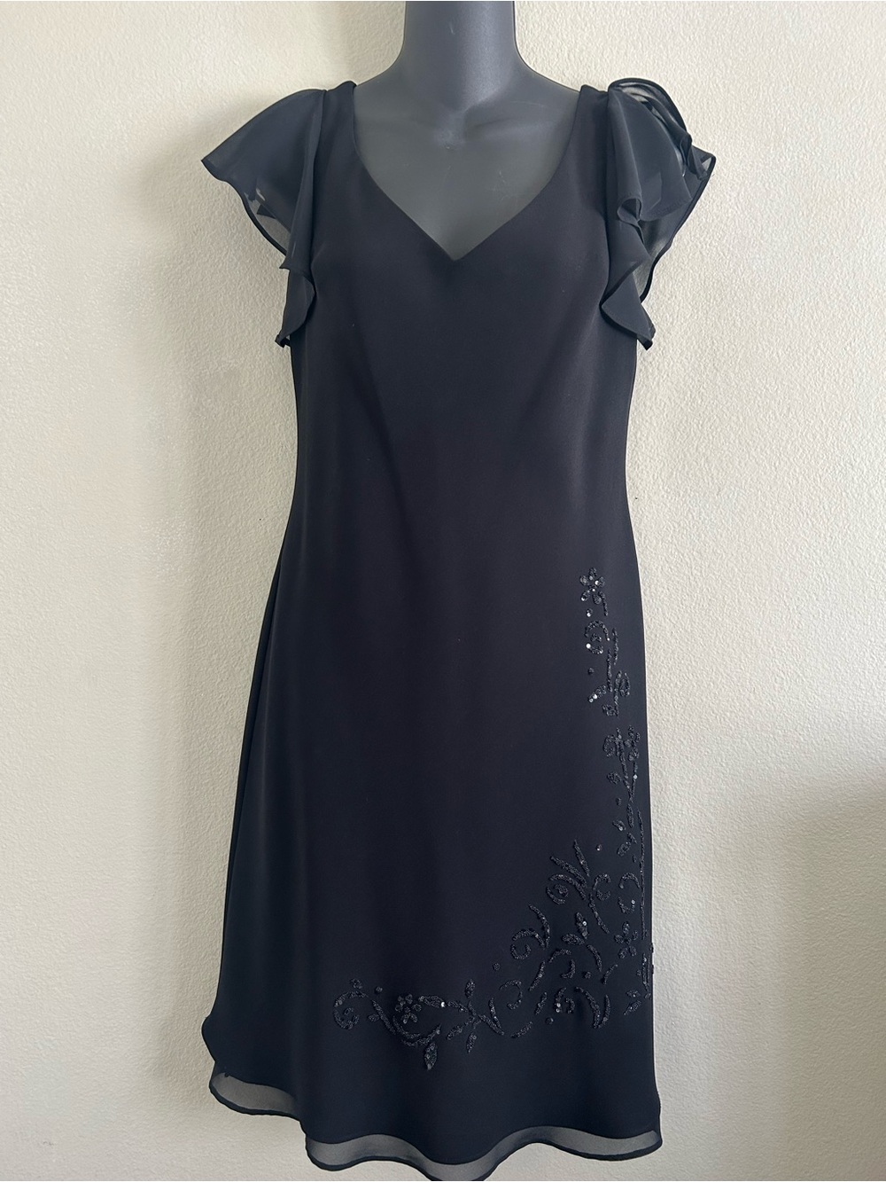 SL Fashions Black V-Neck Flutter Sleeve Midi Dress with Beaded Detail